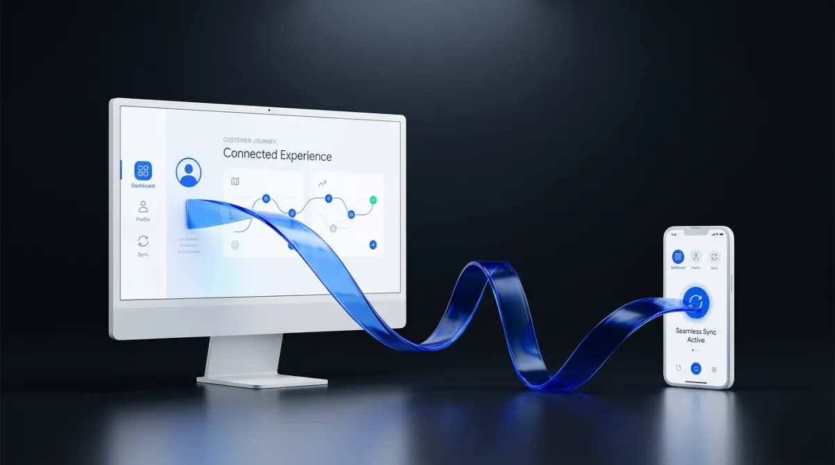 Conceptual connected customer journey showing desktop interface and mobile conversation synchronized with booking actions