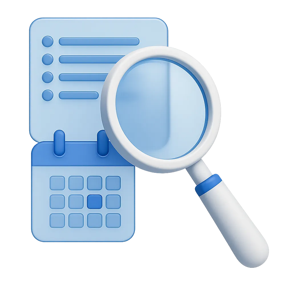 Blue-glass 3D magnifying glass examining inquiry flow checkpoints and modular process cards
