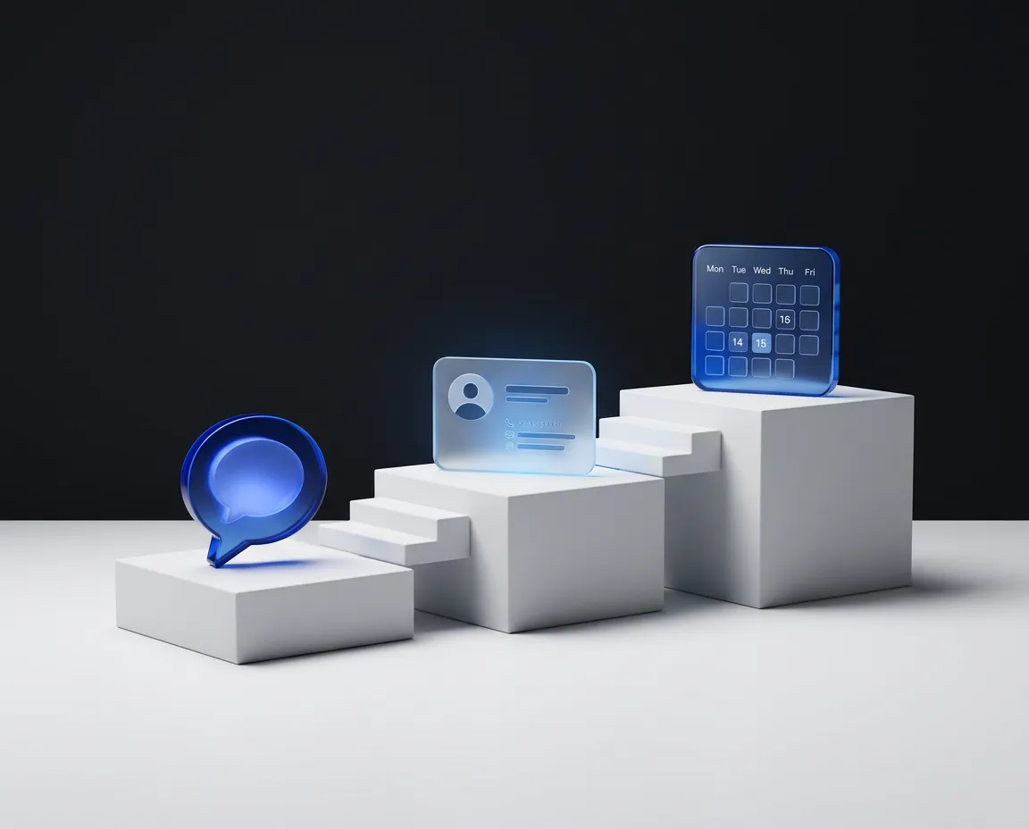 Restrained architectural glass and matte composition illustrating the conversational flow from inquiry bubble to calendar booking