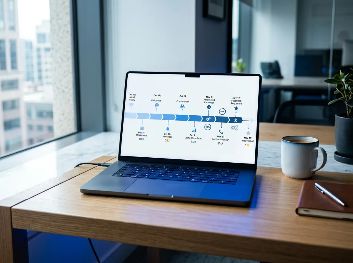Customer communication timeline showing automated reminders and satisfaction feedback