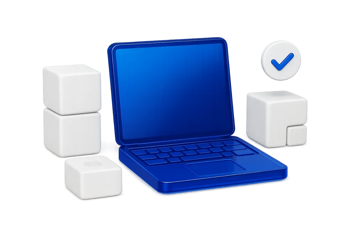Modular automation engineering blueprint and decision system interface on laptop screen