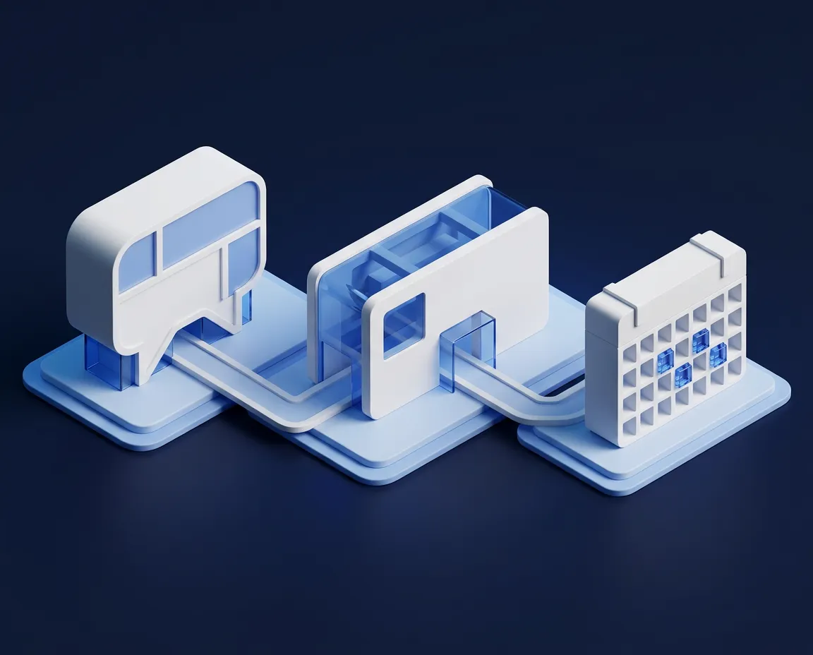 Architectural visual composition showing a structured flow from a conversational bubble to contact handoff and calendar booking