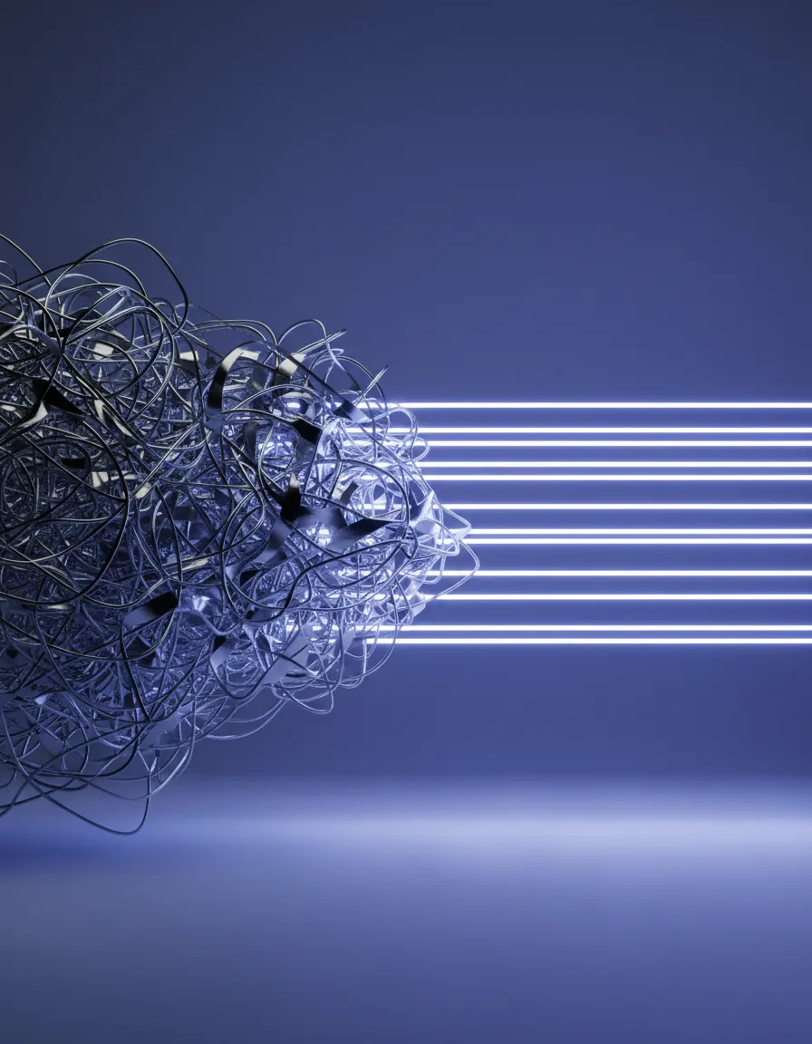 Abstract 3D visualization of chaotic, fragmented data representing complex workflows