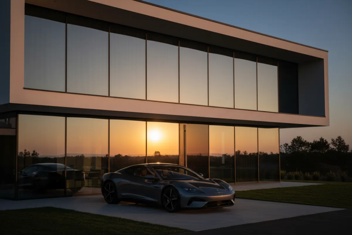 Casa moderna con amplios ventanales y un automóvil premium estacionado frente; luz de atardecer cálida, overlay oscuro para legibilidad, estilo fotográfico realista, encuadre 3/4 mostrando ventanales reflectantes que enfatizan protección solar.