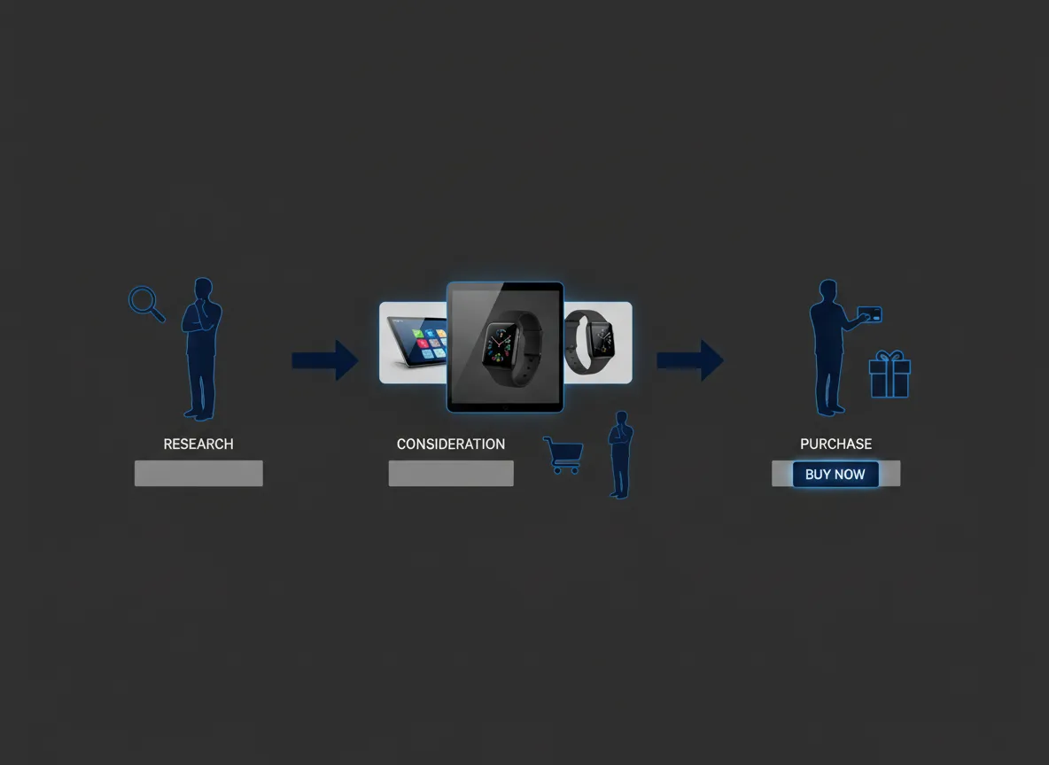 Consumer journey flow showing research, purchase intent, audience activation, and customer acquisition