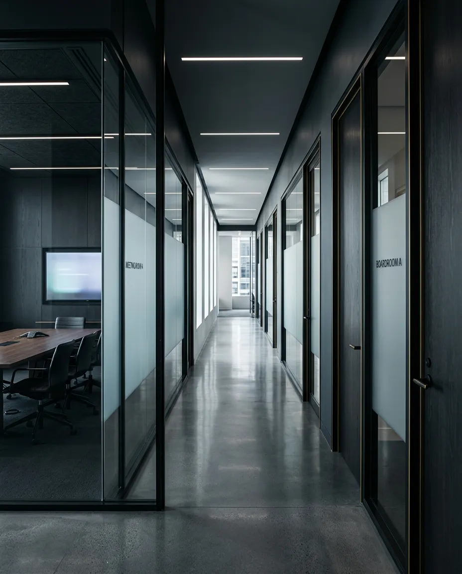 Desaturated, restrained architectural photography depicting a secure corporate environment