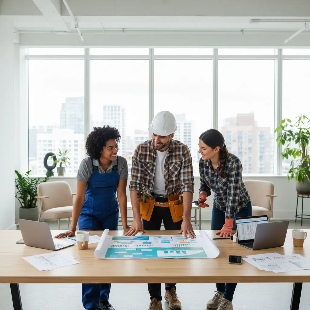 A diverse team of three professionals collaborates around a table with laptops and paperwork, reviewing a colorful project plan. The office is bright, with large windows and modern decor. Each person represents a different home service specialty, symbolizing teamwork and integrated solutions.
