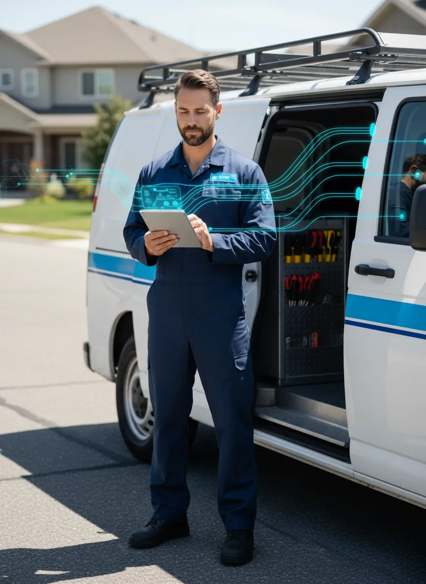A home service professional actively using a mobile operations desk