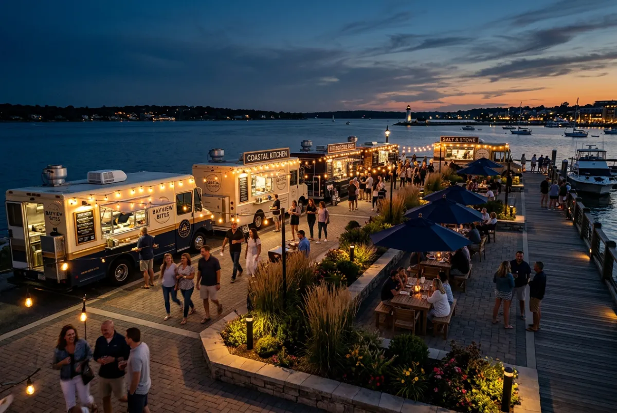 Upscale food truck park with landscaped waterfront pergola and ambient festoon lighting