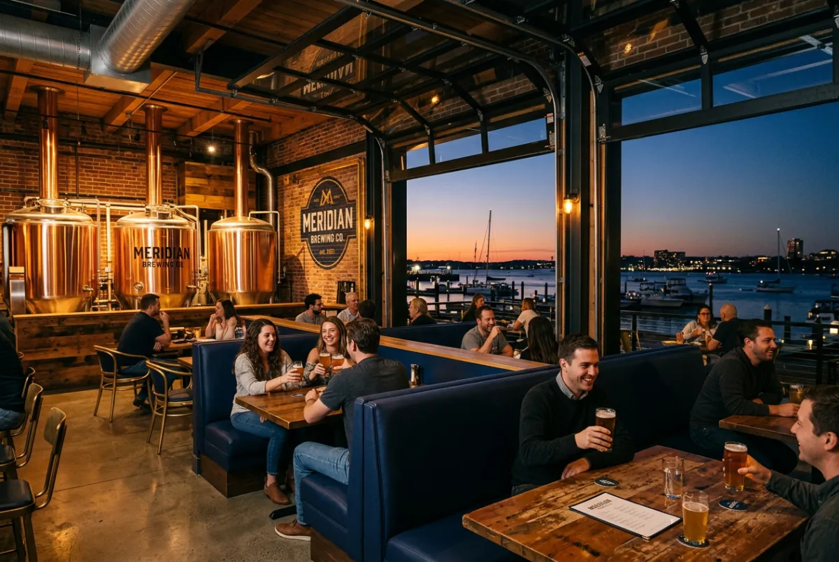 Boutique craft brewery and taproom with waterfront indoor-outdoor garage doors
