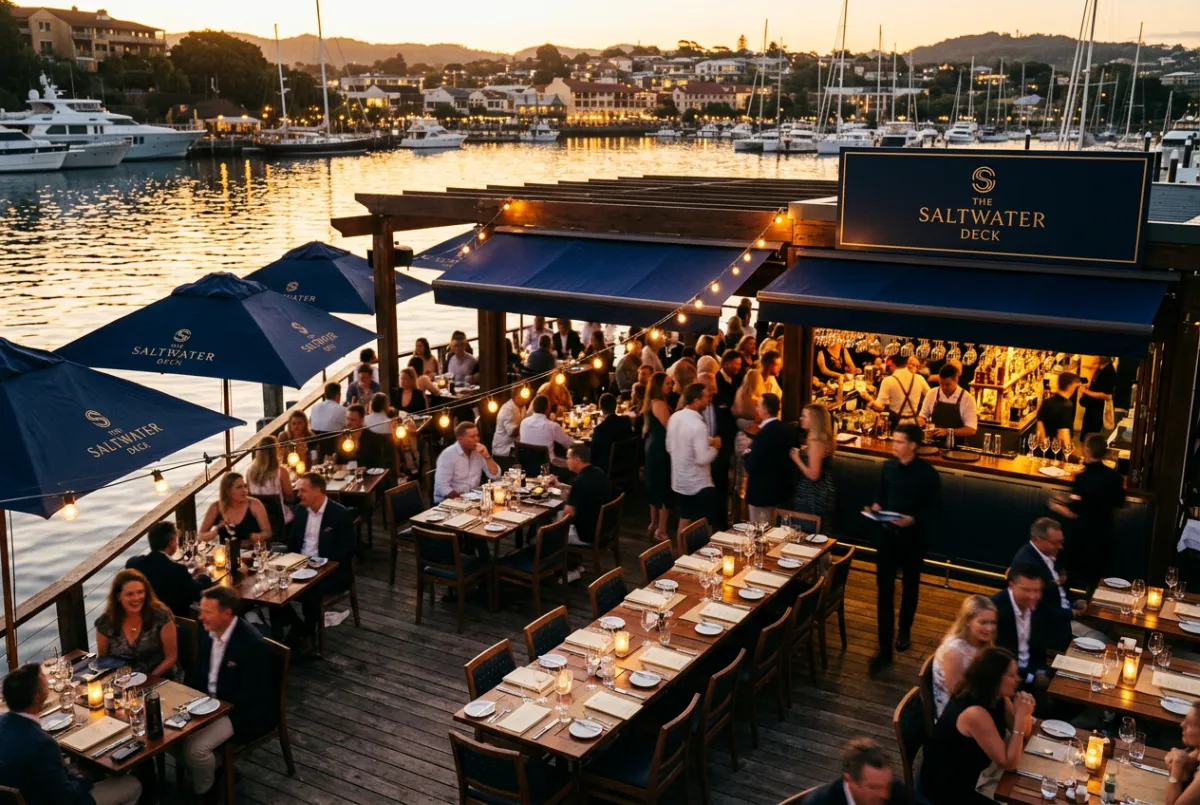 Architectural rendering of waterfront dining and open deck bar concept