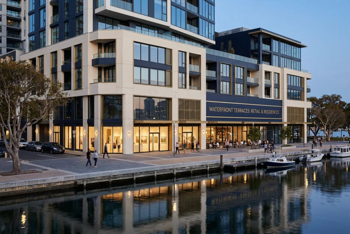 Modern mixed use architectural development with retail ground floor and luxury upper offices