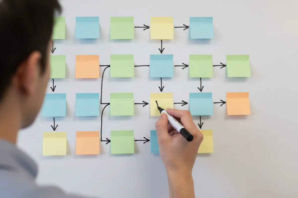 A step-by-step flowchart on a whiteboard, with colorful sticky notes and arrows, a hand holding a marker, and a blurred figure in the background, 3:2 aspect ratio