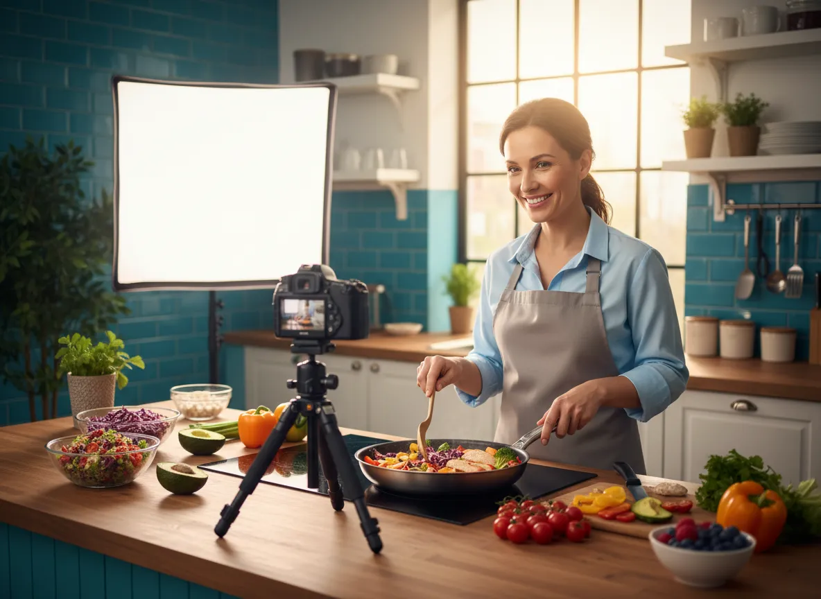 Nutritionist preparing healthy meal on camera during livestream