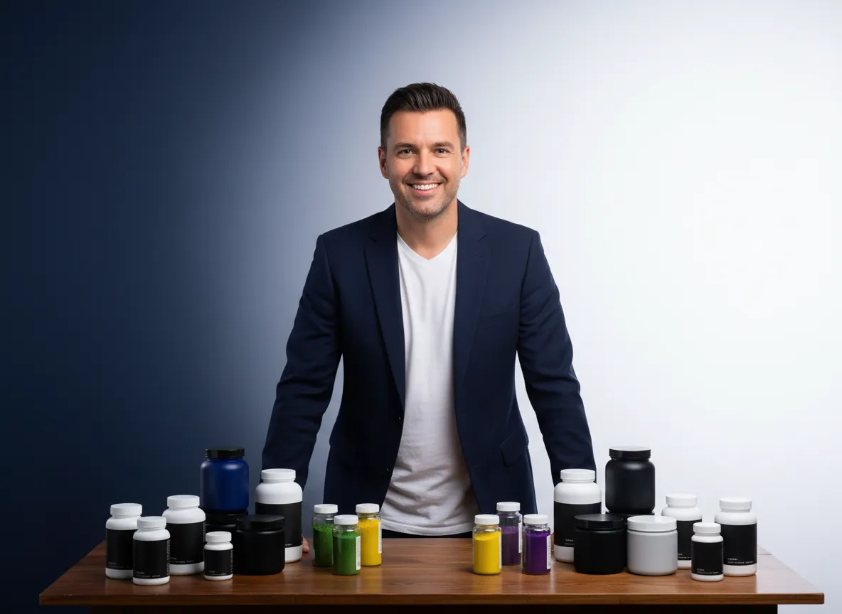 Supplement brand founder showcasing health products on a show table