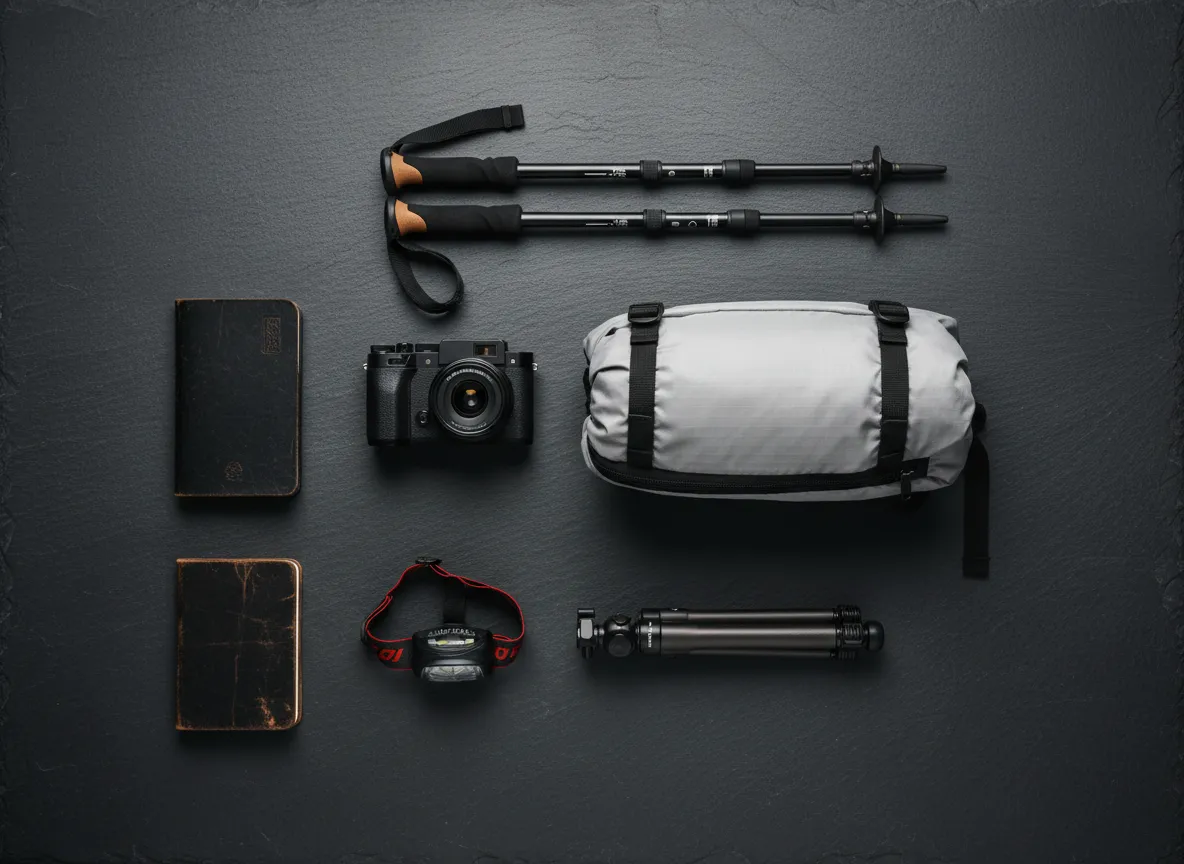 Camera and hiking gear laid out on dark background