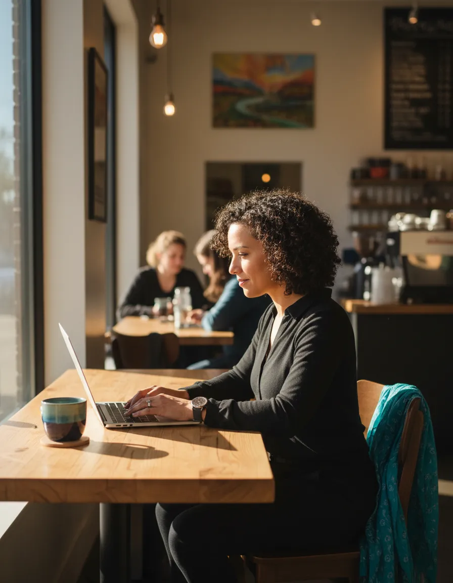 Independent professional working in a local Bloomington coffee shop