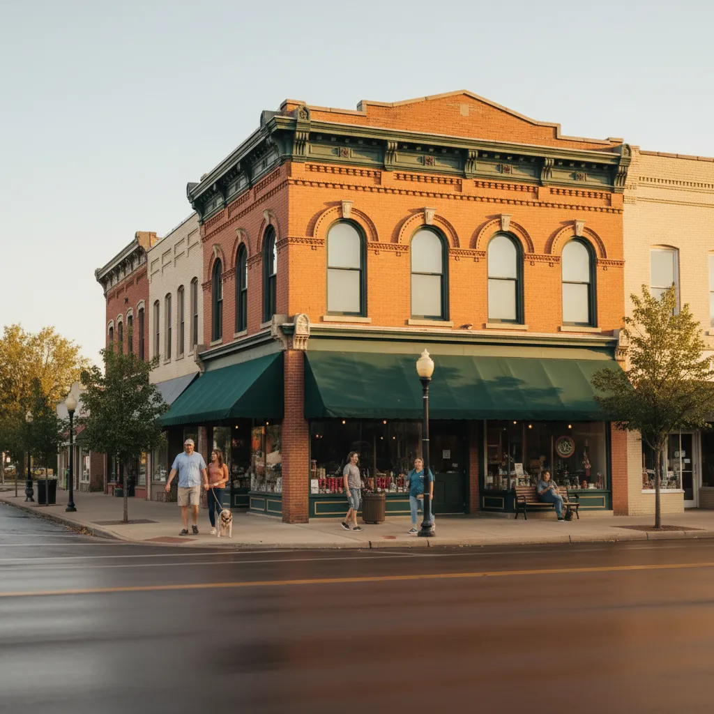 A warm, golden-hour view of historic brick buildings in downtown Galesburg