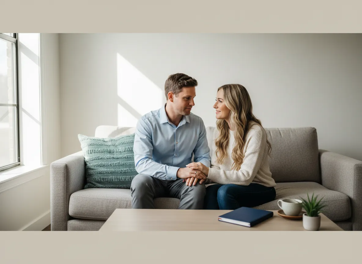 A couple engaged in conversation, representing personal relationships and life management