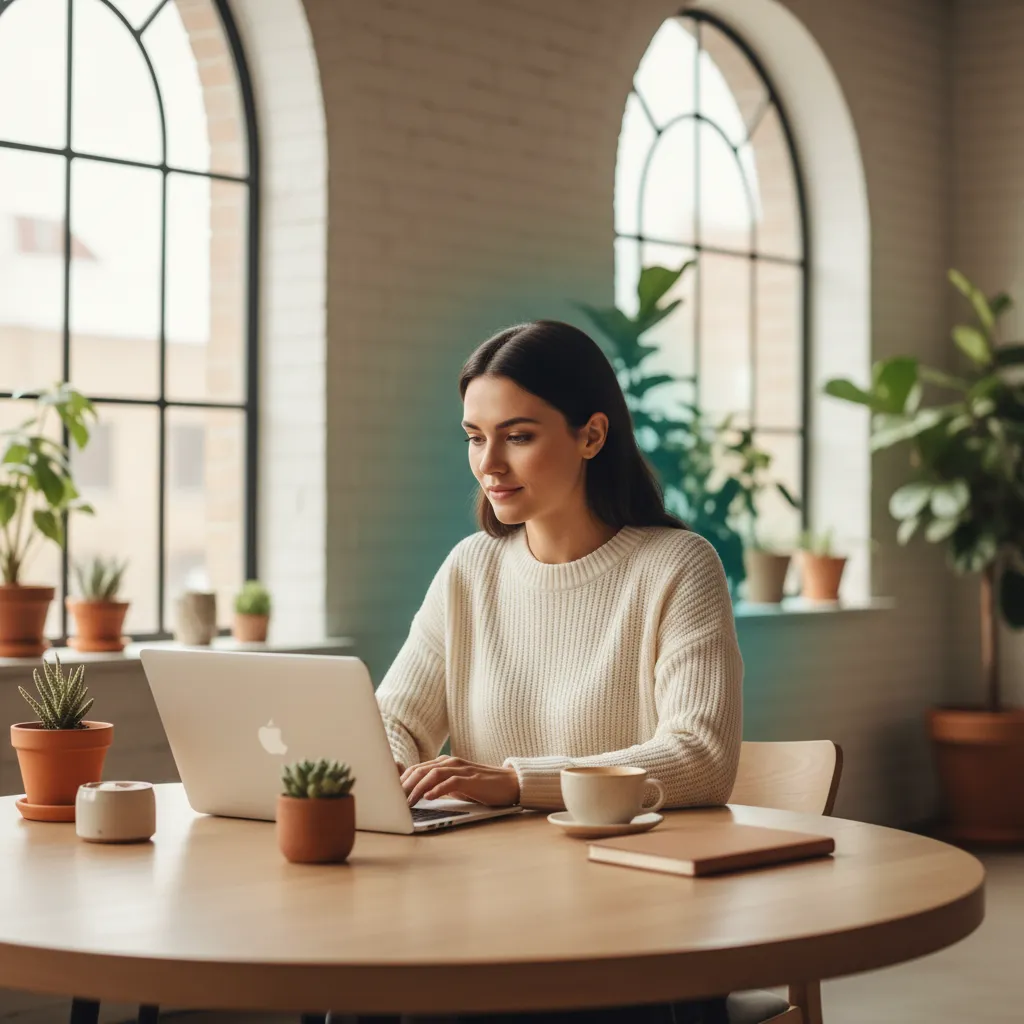 A soft-focus image of a person working calmly at a desk