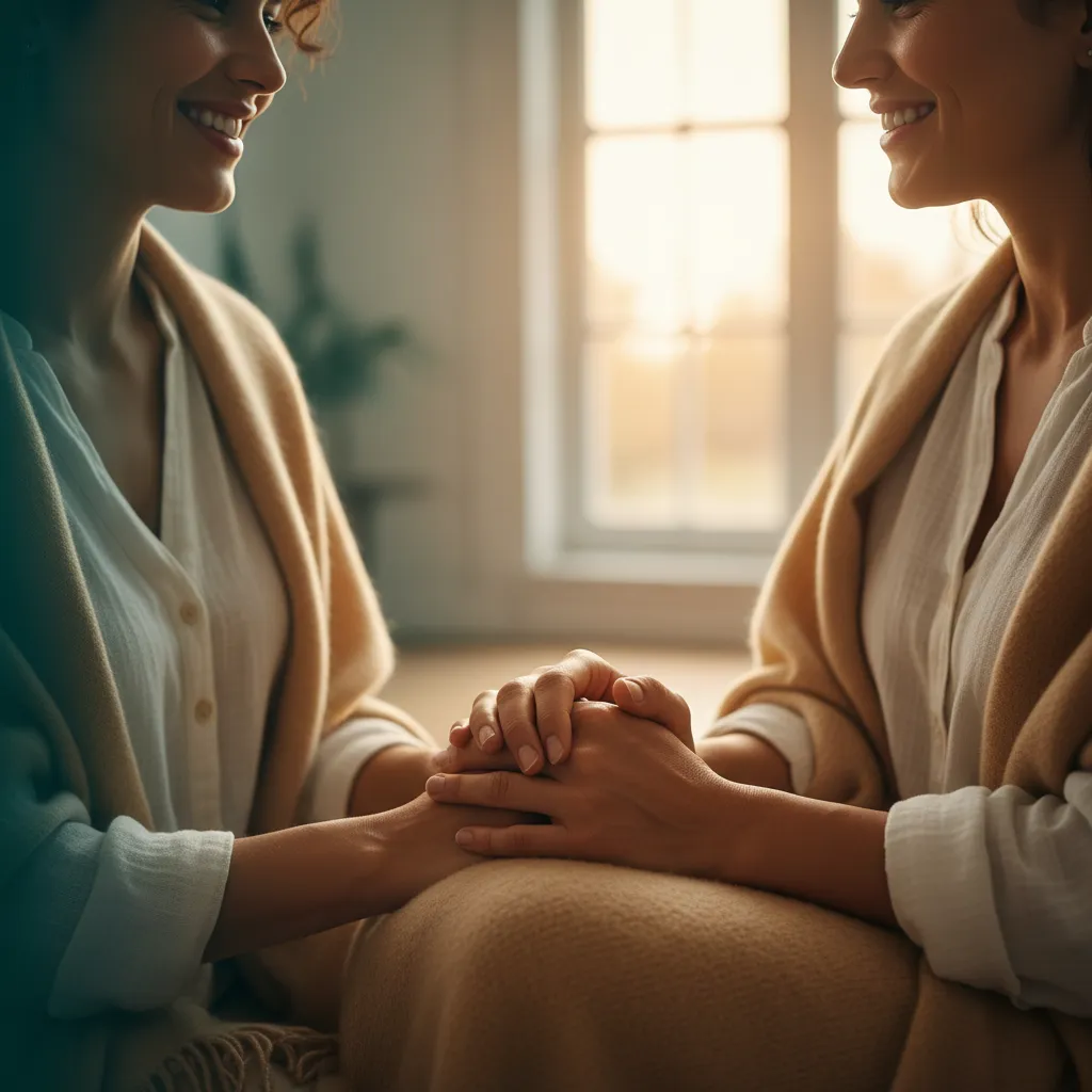 A soft-focus lifestyle moment of someone smiling softly during a conversation