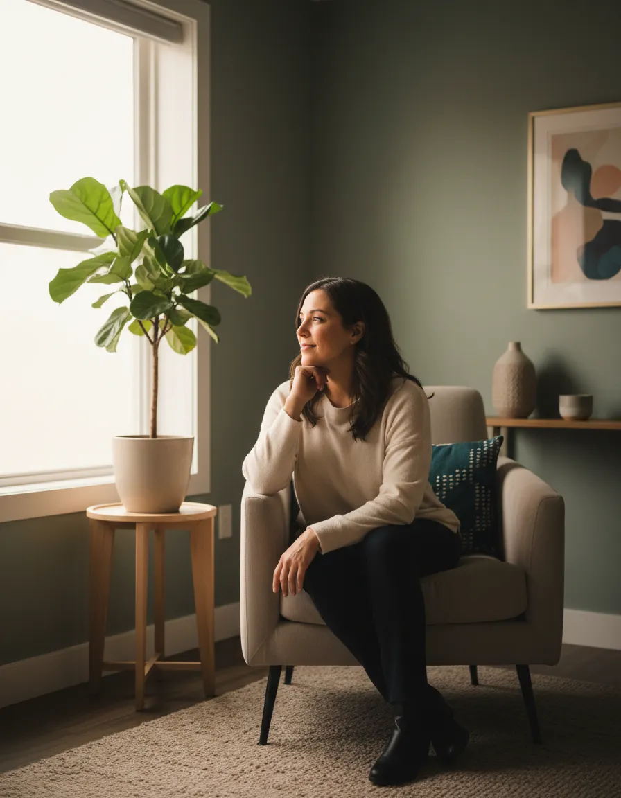 A person looking thoughtful in a soft, naturally lit environment, representing physical and mental wellness.