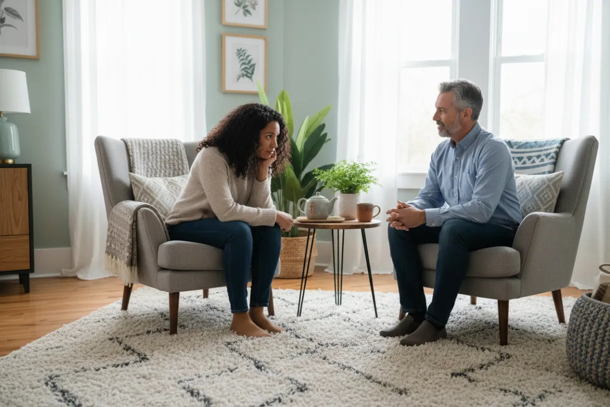 Diverse adult client and therapist in a compassionate therapy session in a warm, comfortable therapy room with soft natural lighting and a calm blue-green palette, space for headline text overlay