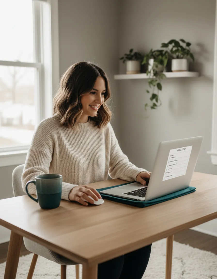 Woman smiling looking at intake form for bipolar care
