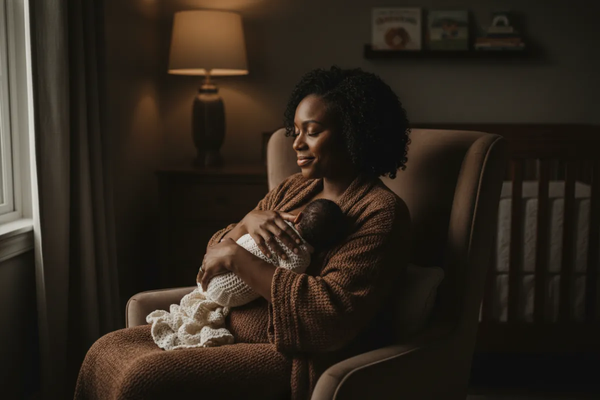 Mother in a calm and supportive clinical environment