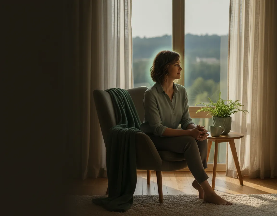 A person looking thoughtfully out a window, reflecting on mental wellness in a serene domestic environment