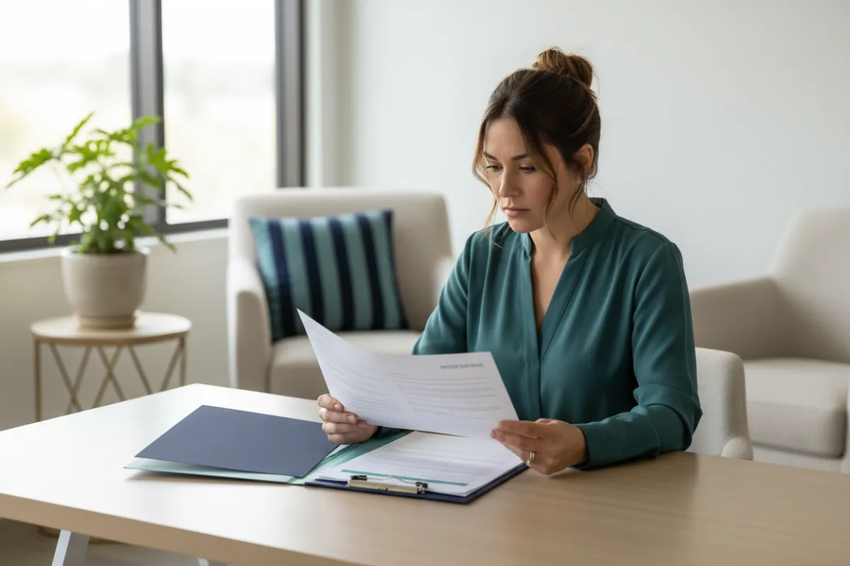 Clinical specialist reviewing a mood evaluation plan in a bright, welcoming office