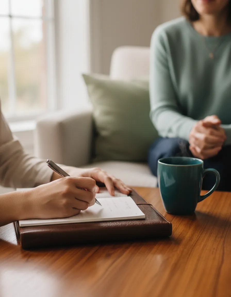 Therapist and client discussing emotional resilience in a warm, naturally lit office