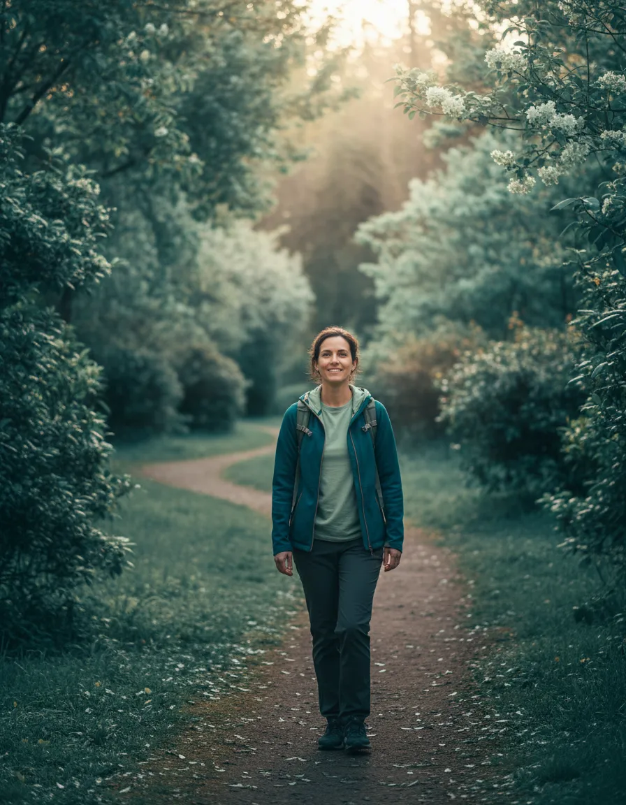Individual practicing mindfulness and sustaining recovery progress in a serene setting