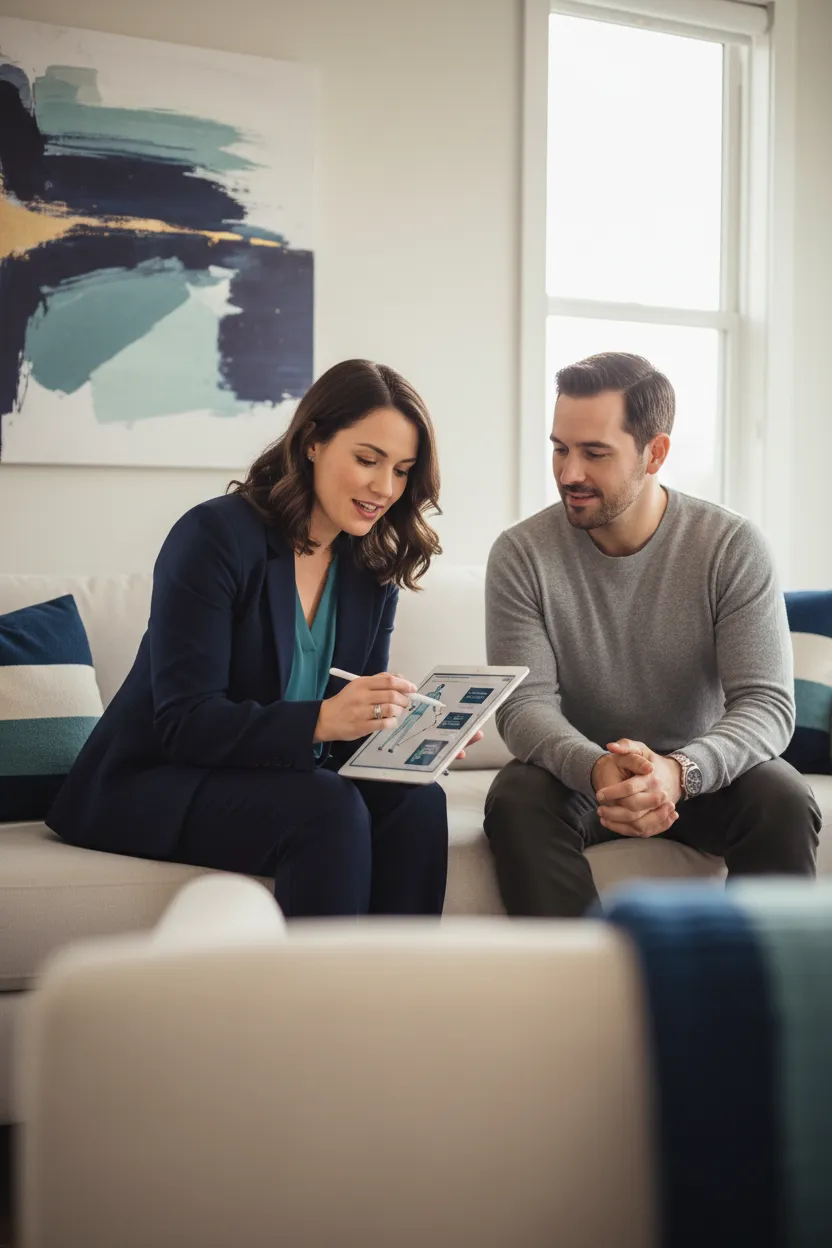Clinician and patient discussing treatment plan in a comfortable office setting