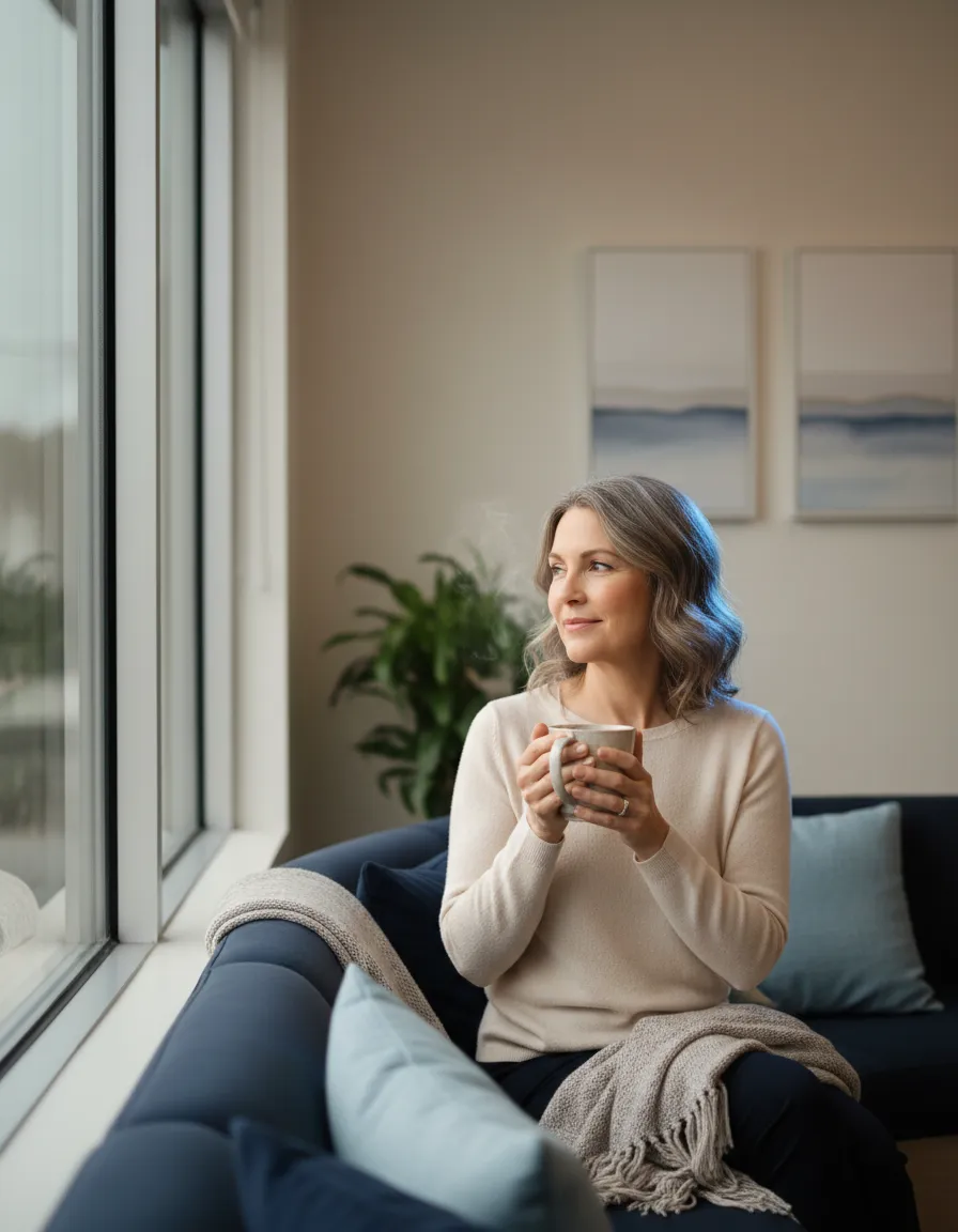 A patient looking relieved in a bright, modern clinical setting after finding the right mental health medication