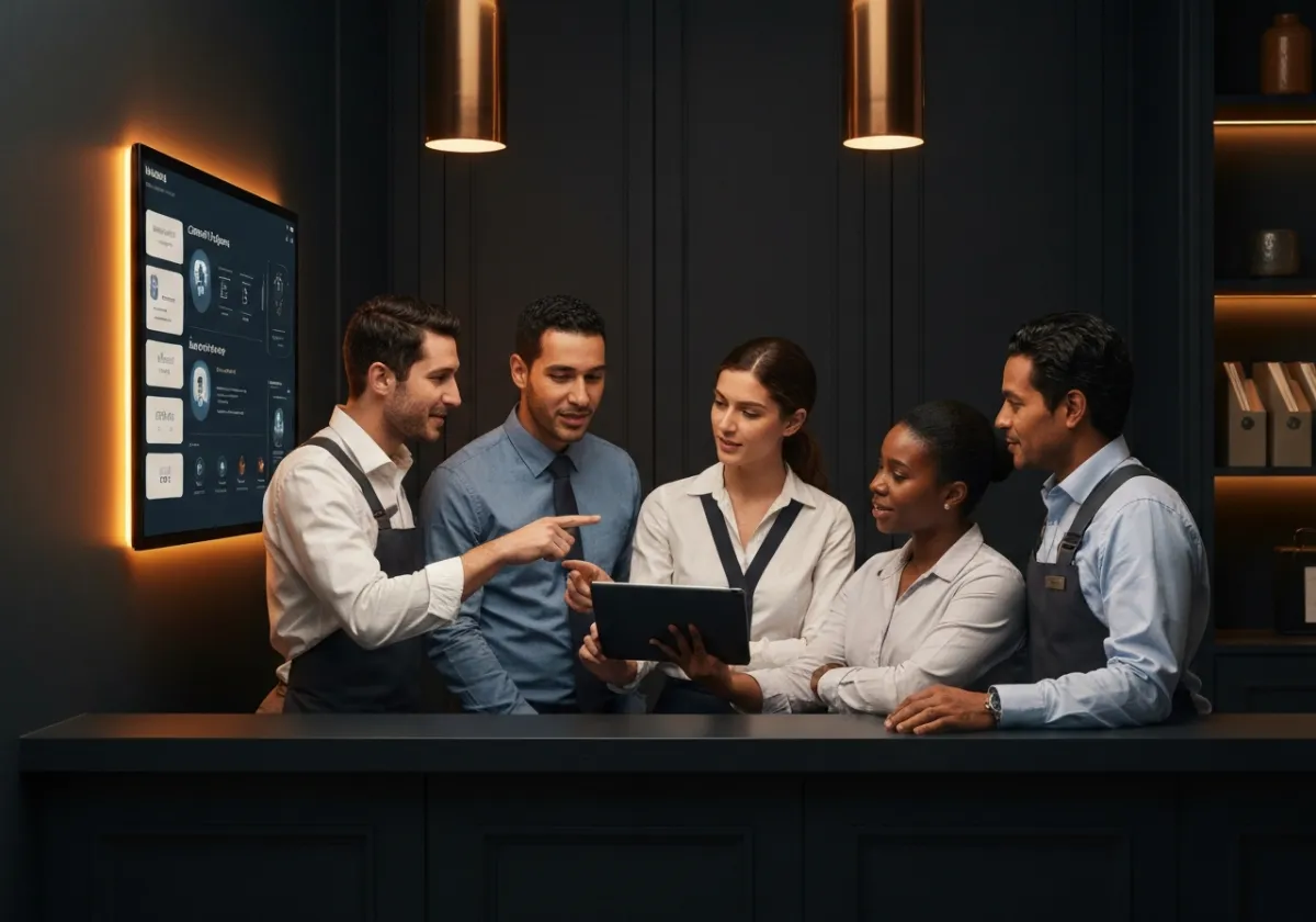 A human team collaborating in front of a digital AI interface dashboard