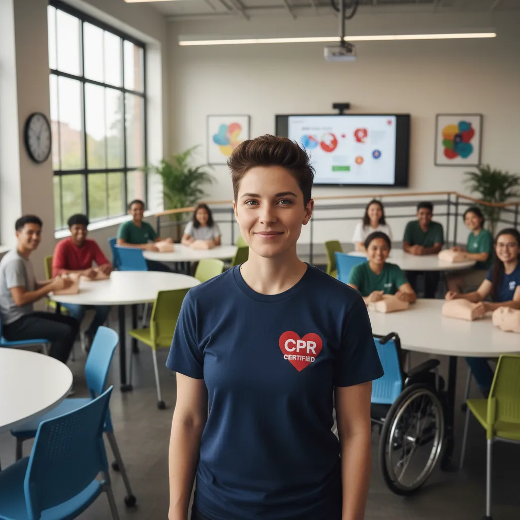 Nonbinary instructor, late 20s, short hair, CPR shirt, in bright classroom