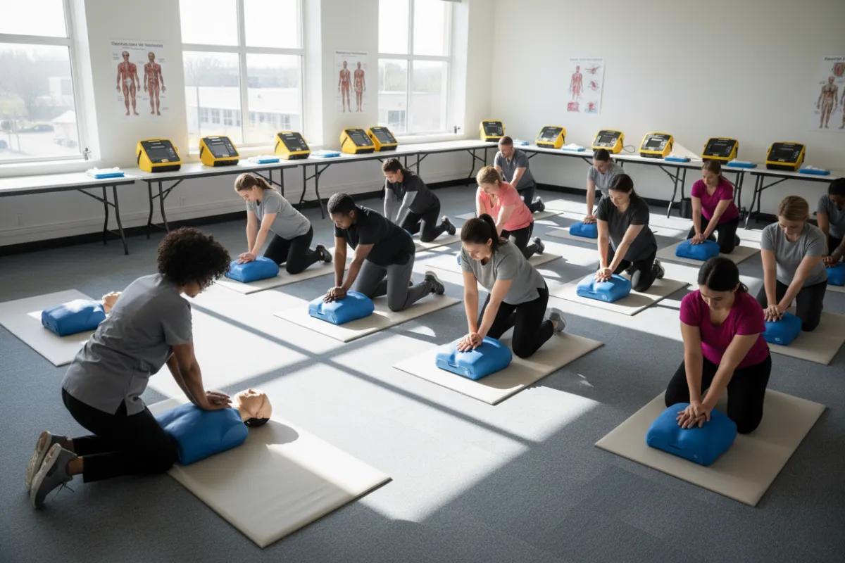 A diverse group of adults practicing CPR on training manikins in a bright, modern classroom. The instructor demonstrates proper technique at the front, while participants attentively follow along. The setting is energetic, with natural light and visible CPR equipment, conveying a sense of urgency and empowerment.