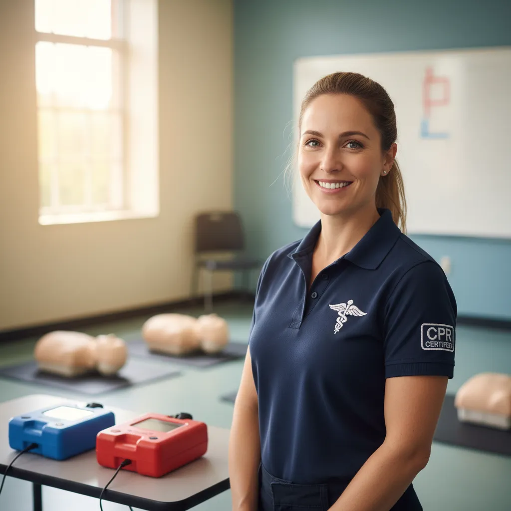 Female instructor, mid-30s, smiling, in CPR uniform, standing in classroom