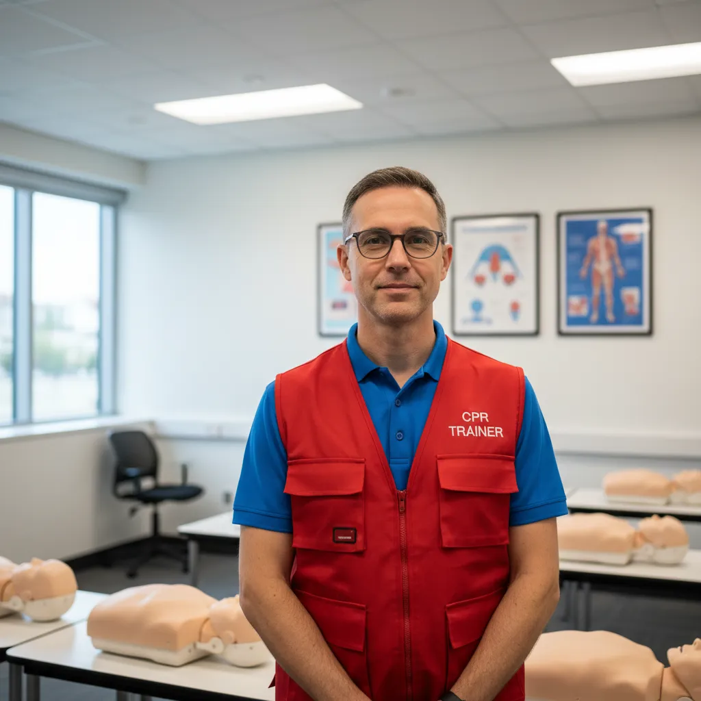 Male instructor, early 40s, with glasses, in CPR gear, in training room