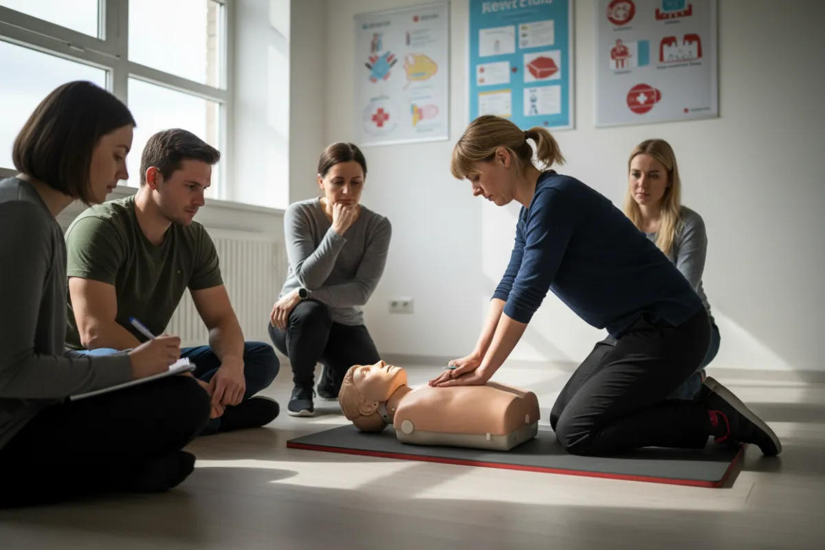 Instructor demonstrating CPR on a manikin to a small group