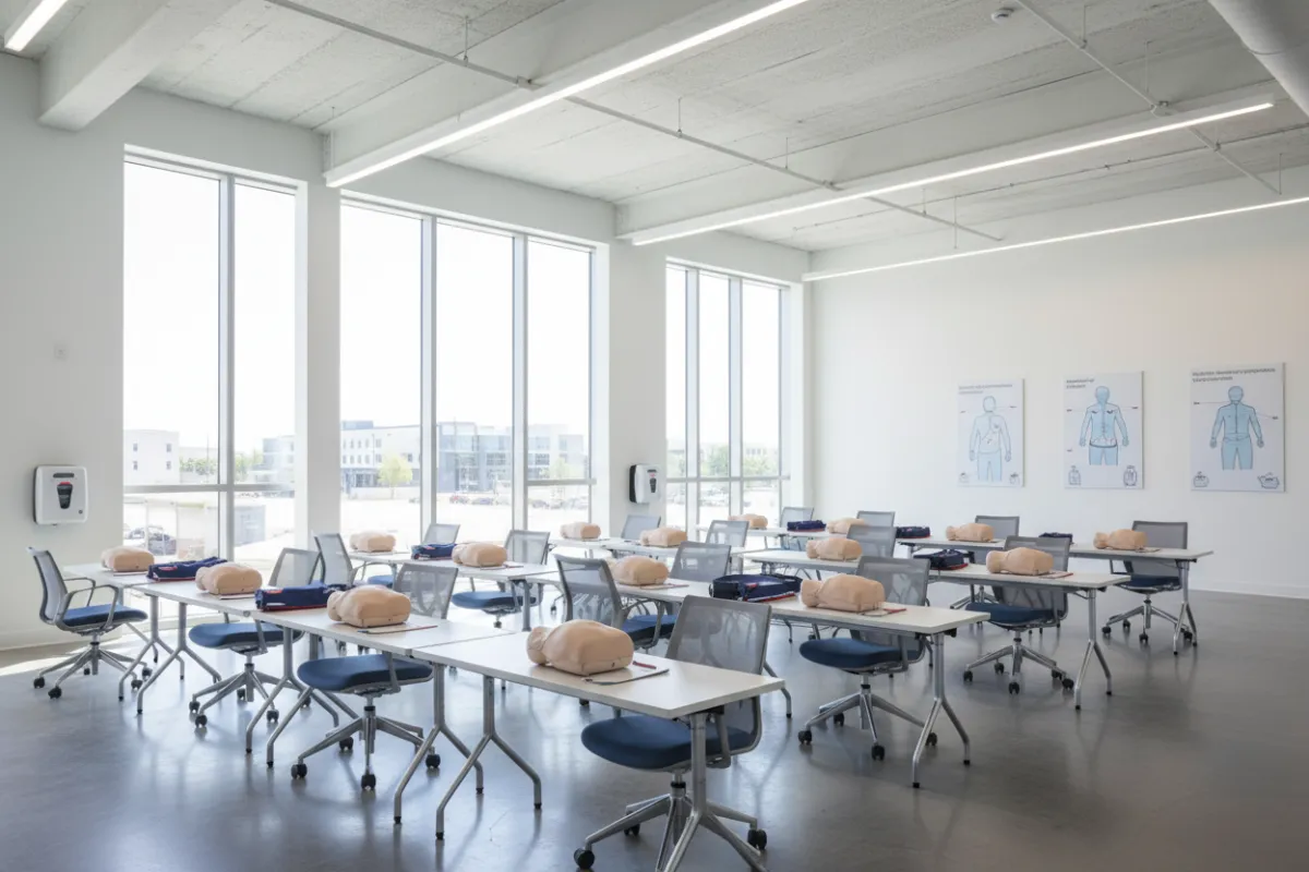 Modern CPR training facility with equipment and seating