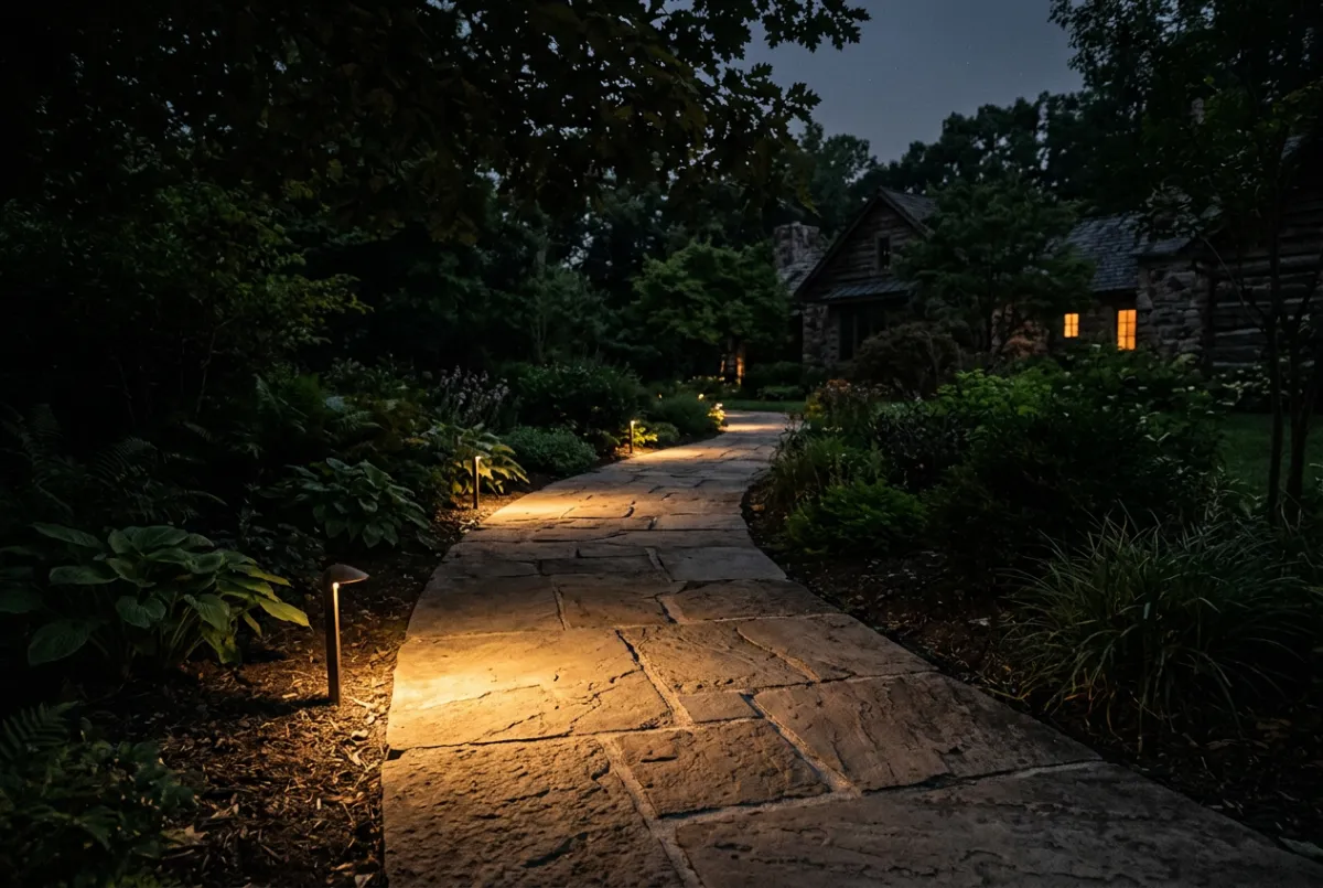 Low-profile path lights casting clean overlapping pools along stone walkway