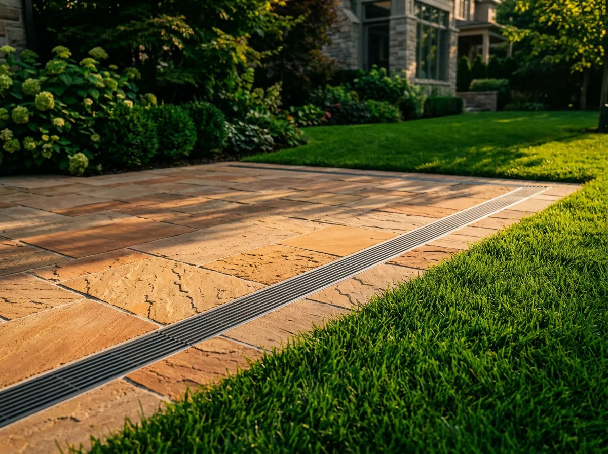Architectural stone patio with integrated discreet channel drainage grates