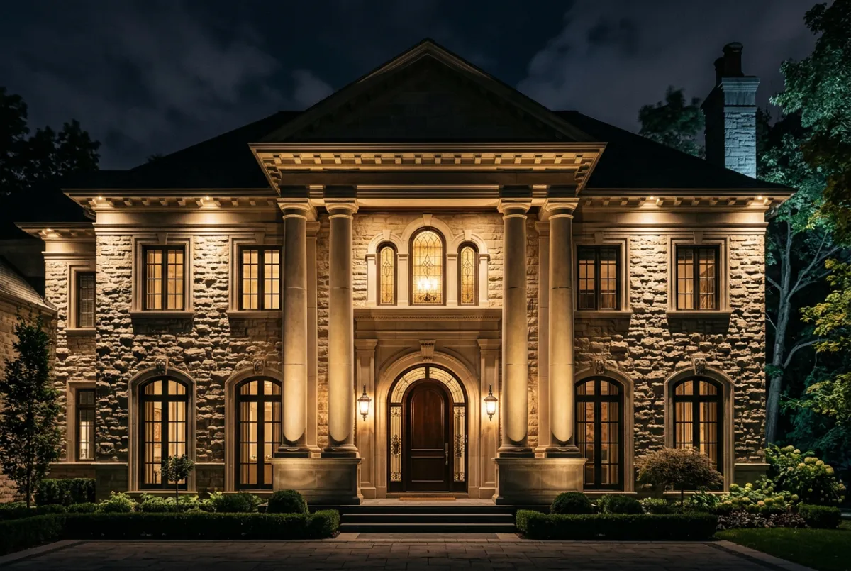 Architectural uplighting cast onto stately stonework facade