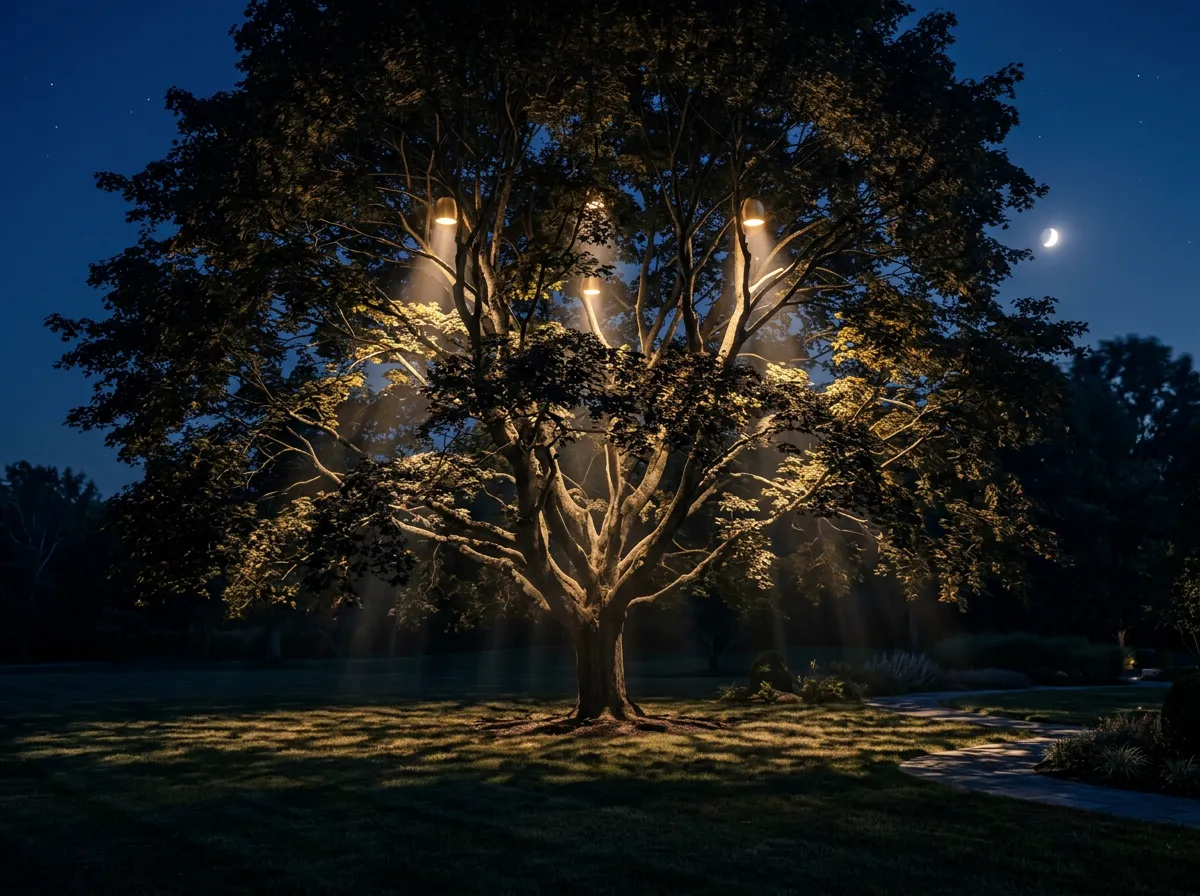 Moonlighting effect casting soft tree shadows over luxury landscape lawn