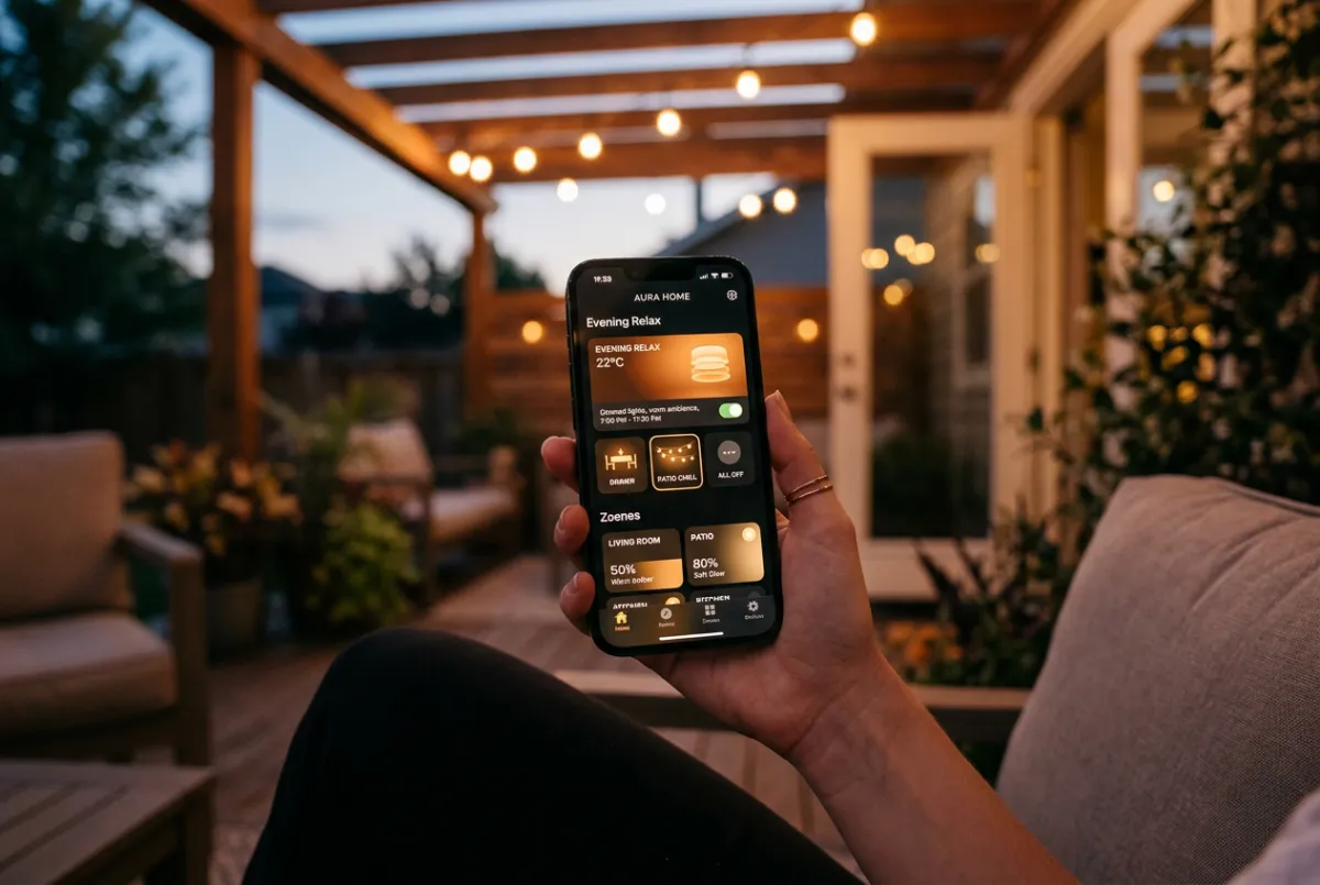 Smart automated control app interface managing landscape lighting zones