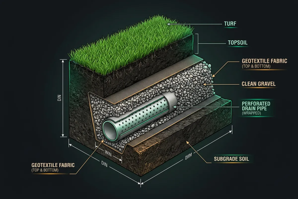 Technical isometric cross-section illustration of a multi-layer French drain installation with clean gravel envelope and geotextile filter fabric