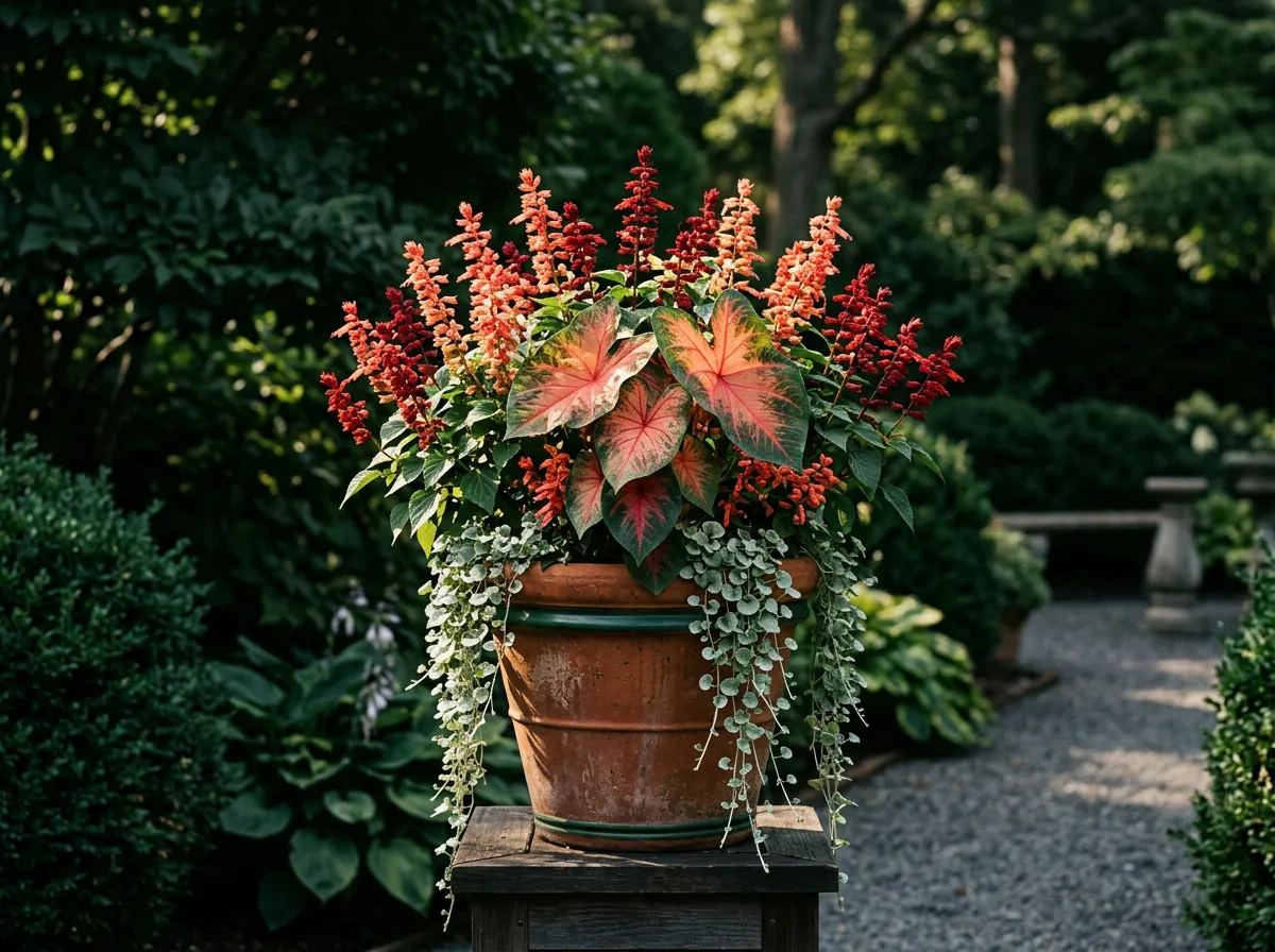 Lush summer container arrangement with vibrant salvias, trailing dichondra, and caladiums
