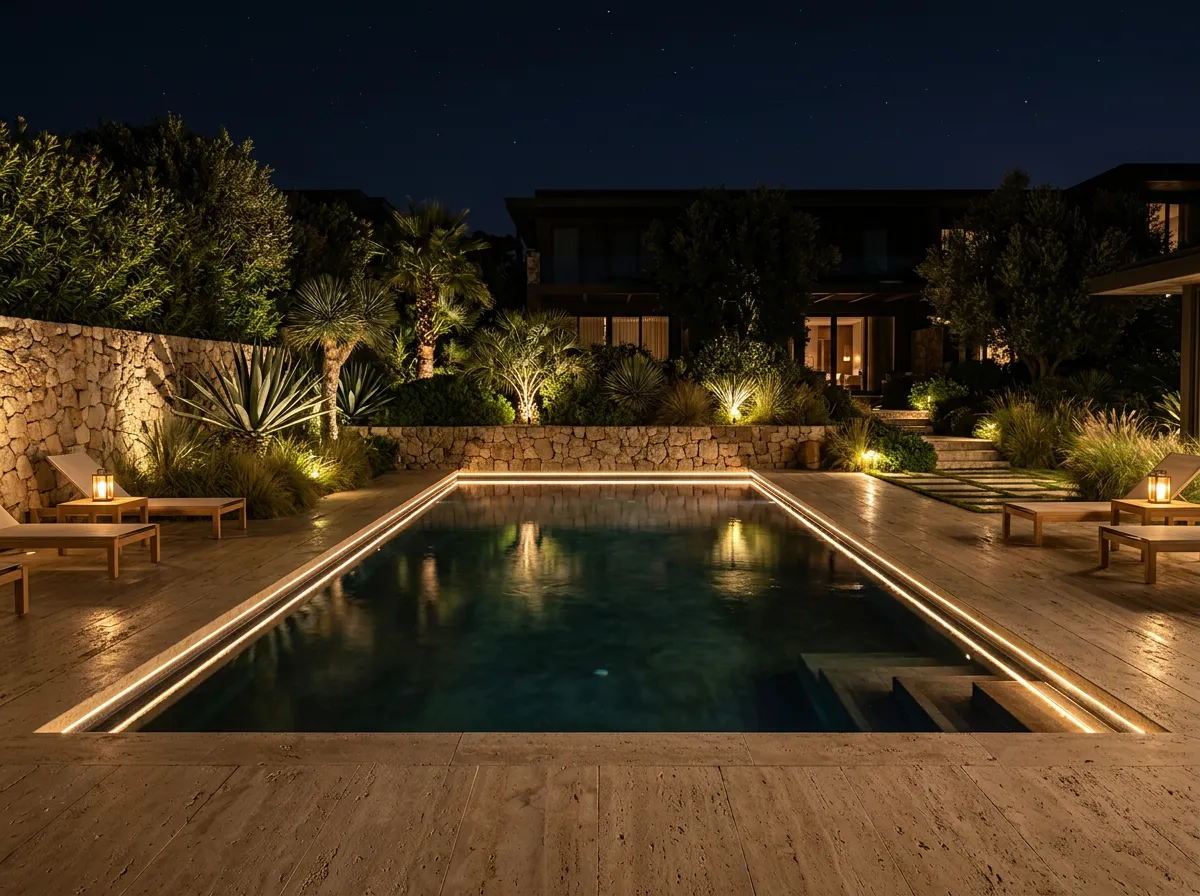 Luxury swimming pool and deck area architectural perimeter illumination